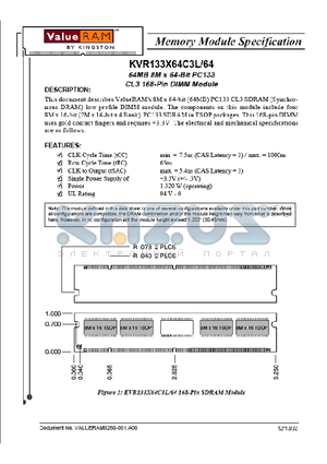 KVR133X64C3L64 datasheet - 64MB 8M x 64-BIT PC133 CL3 168-PIN DIMM Module
