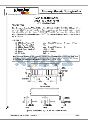 KVR133X64C3Q/128 datasheet - 128MB 16M x Bit PC133 CL3 Low Profile 168-Pin Dimm