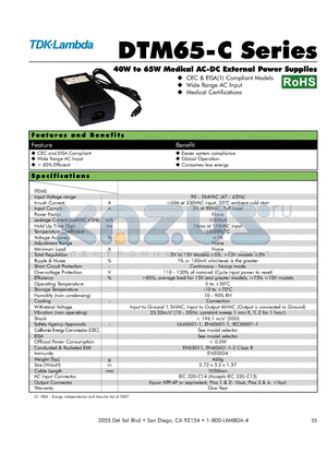 DTM65PW480C datasheet - 40W to 65W Medical AC-DC External Power Supplies