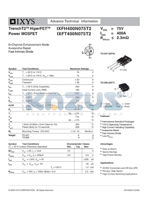 IXFH400N075T2 datasheet - TrenchT2 HiperFET Power MOSFET