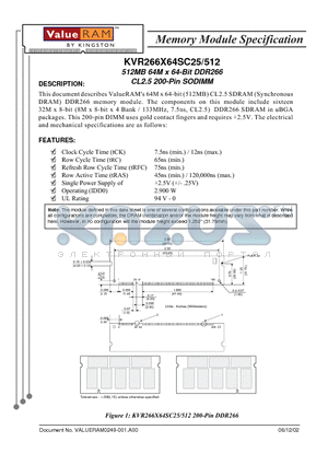 KVR266X64SC25/512 datasheet - MEMORY MODULE SPECIFICATION 512MB 64M x 64-BIT DDR266 CL2.5 200-PIN SODIMM