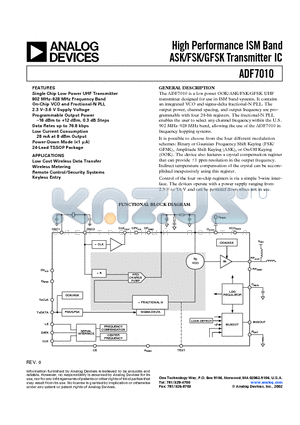 ADF7010 datasheet - High Performance ISM Band ASK/FSK/GFSK Transmitter IC
