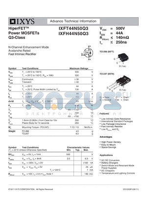 IXFH44N50Q3 datasheet - HiperFETTM Power MOSFETs Q3-Class