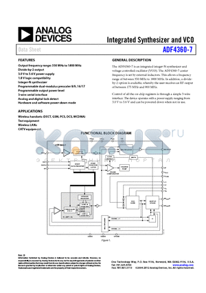 ADF4360-7 datasheet - Integrated Synthesizer and VCO