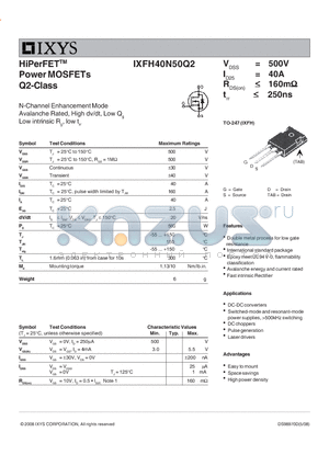 IXFH40N50Q2_08 datasheet - HiPerFET Power MOSFETs Q2-Class