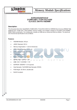 KVR533D2S8F4 datasheet - Memory Module Specifications (512MB 64M x 72-BIT PC2-4200 CL4 ECC 240-Pin FBDIMM)