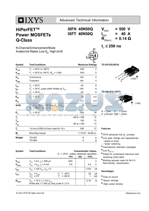 IXFH40N50Q datasheet - HiPerFET Power MOSFETs Q-Class