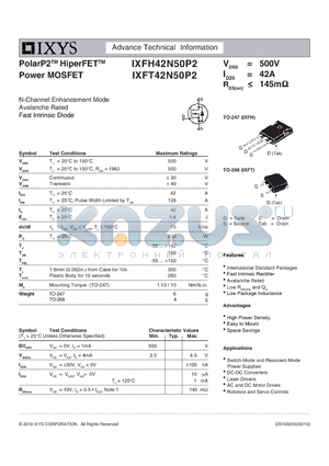 IXFH42N50P2 datasheet - PolarP2 HiperFET Power MOSFET