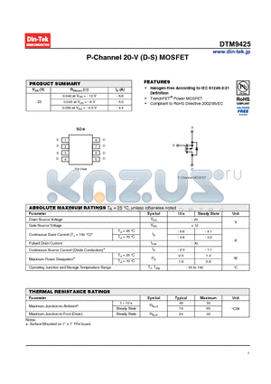 DTM9425 datasheet - P-Channel 20-V (D-S) MOSFET Halogen-free