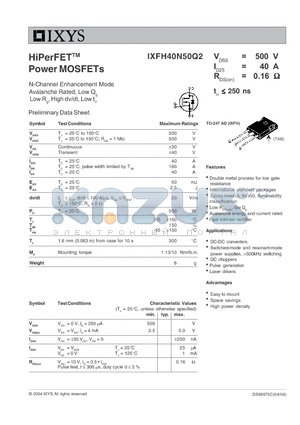 IXFH40N50Q2 datasheet - HiPerFET Power MOSFETs