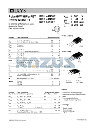 IXFH44N50P datasheet - PolarHV HiPerFET Power MOSFET