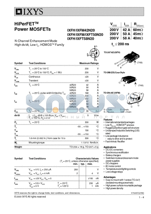 IXFH50N20 datasheet - HiPerFET Power MOSFETs