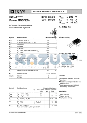 IXFH60N20 datasheet - HiPerFET Power MOSFETs