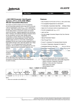ICL3237ECAZ datasheet - -15kV ESD Protected, 10nA Supply- Current, 3V to 5.5V, 250k/1Mbps, RS-232 Transmitters/Receivers