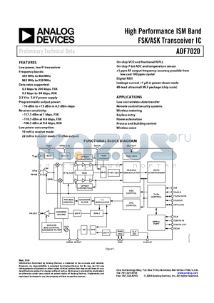 ADF7020 datasheet - High Performance ISM Band FSK/ASK Transceiver IC