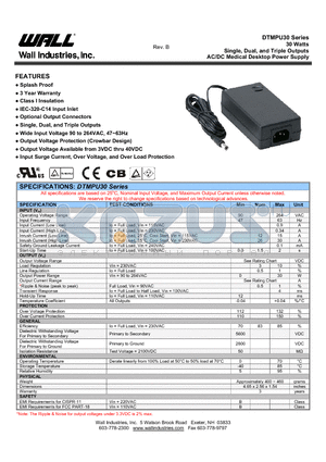 DTMPU30 datasheet - 30 Watts Single, Dual, and Triple Outputs AC/DC Medical Desktop Power Supply