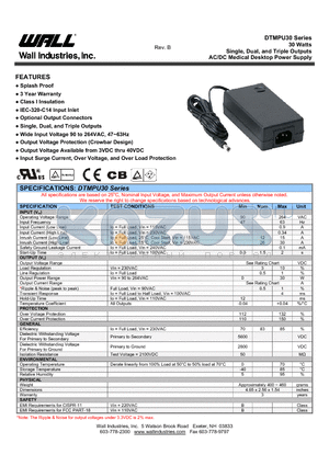 DTMPU30-203 datasheet - 30 Watts Single, Dual, and Triple Outputs AC/DC Medical Desktop Power Supply