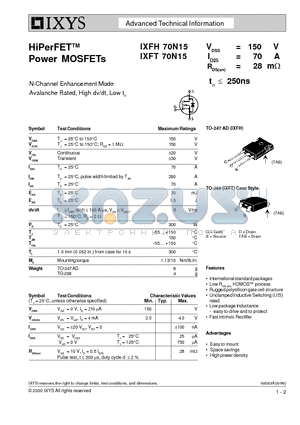 IXFH70N15 datasheet - HiPerFETTM Power MOSFETs