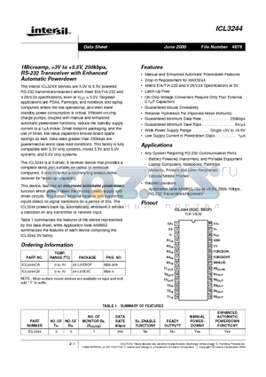ICL3244 datasheet - 1Microamp, 3V to 5.5V, 250kbps, RS-232 Transceiver with Enhanced Automatic Powerdown