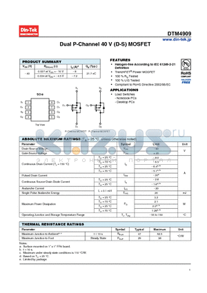 DTM4909 datasheet - Dual P-Channel 40 V (D-S) MOSFET Halogen-free