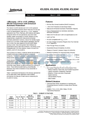 ICL3238 datasheet - 1 Microamp, 3V to 5.5V, 250kbps, RS-232 Transceivers with Enhanced Automatic Powerdown