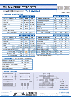 ADFC43 datasheet - MULTI-LAYER DIELECTRIC FILTER