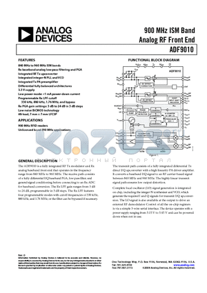 ADF9010BCPZ-RL datasheet - 900 MHz ISM Band Analog RF Front End