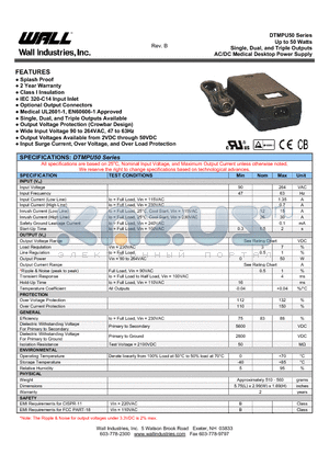 DTMPU50-109 datasheet - Up to 50 Watts Single, Dual, and Triple Outputs AC/DC Medical Desktop Power Supply