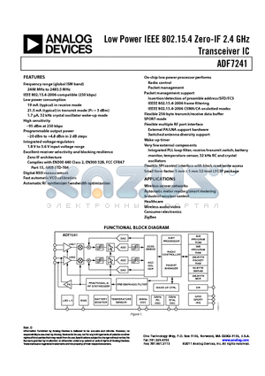 ADF7241 datasheet - Low Power IEEE 802.15.4 Zero-IF 2.4 GHz Transceiver IC