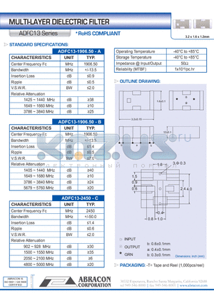 ADFC13 datasheet - MULTI-LAYER DIELECTRIC FILTER