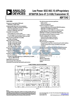 ADF7242 datasheet - Low Power IEEE 802.15.4/Proprietary GFSK/FSK Zero-IF 2.4 GHz Transceiver IC