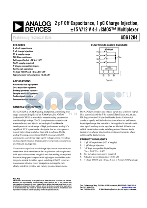 ADG1204 datasheet - 2 pF Off Capacitance, 1 pC Charge Injection, -15 V/12 V 4:1 iCMOS Multiplexer