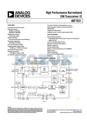 ADF7021 datasheet - High Performance Narrowband ISM Transceiver IC