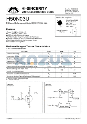 H50N03U datasheet - N-Channel Enhancement-Mode MOSFET (25V, 50A)