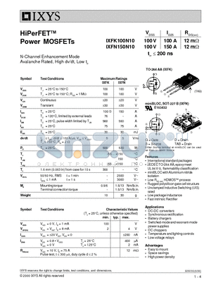 IXFK100N10 datasheet - HiPerFET Power MOSFETs