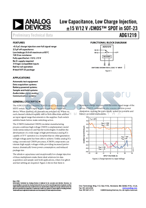 ADG1219 datasheet - Low Capacitance, Low Charge Injection, a15 V/12 V iCMOS SPDT in SOT-23