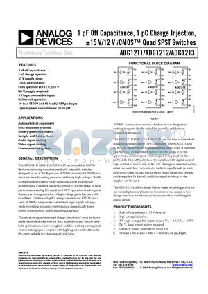 ADG1211 datasheet - 1 pF Off Capacitance, 1 pC Charge Injection, a15 V/12 V iCMOS Quad SPST Switches