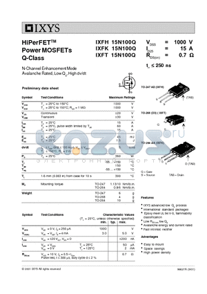 IXFK15N100Q datasheet - HiPerFET Power MOSFETs Q-Class