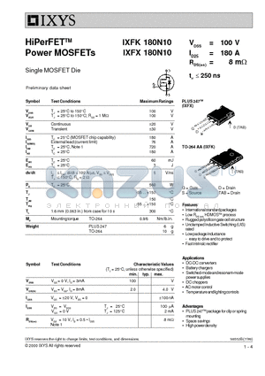 IXFK180N10 datasheet - Single MOSFET Die
