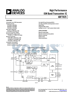 ADF7025BCPZ datasheet - High Performance ISM Band Transceiver IC