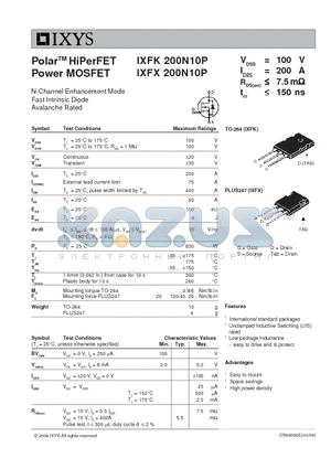 IXFK200N10P datasheet - Polar HiPerFET Power MOSFET