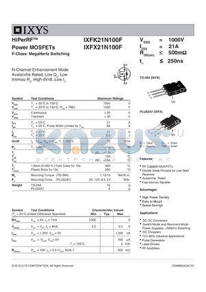 IXFK21N100F datasheet - HiPerRF Power MOSFETs