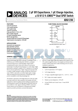 ADG1236 datasheet - 2 pF Off Capacitance, 1 pC Charge Injection, a15 V/12 V iCMOS Dual SPDT Switch