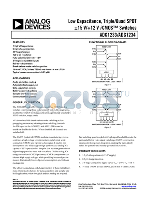 ADG1234 datasheet - Low Capacitance, Triple/Quad SPDT -15 V/12 V i CMOS Switches