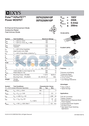 IXFK250N10P datasheet - Polar HiPerFET Power MOSFET