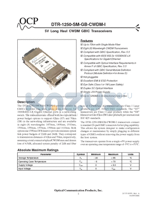 DTR-1250-SM-GB-H8-C610-I datasheet - 5V Long Haul CWDM GBIC Transceivers