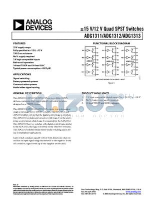 ADG1313YRZ-REEL7 datasheet - -15 V/12 V Quad SPST Switches