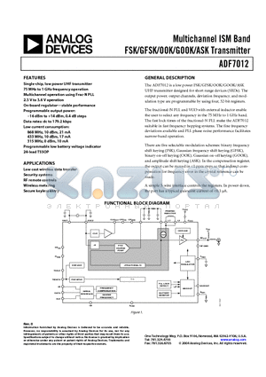 ADF7012BRU datasheet - Multichannel ISM Band FSK/GFSK/OOK/GOOK/ASK Transmitter