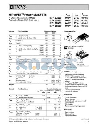 IXFK27N80 datasheet - HiPerFETTM Power MOSFETs