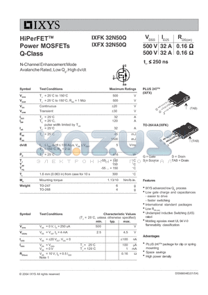 IXFK32N50Q datasheet - HiPerFET Power MOSFETs Q-Class